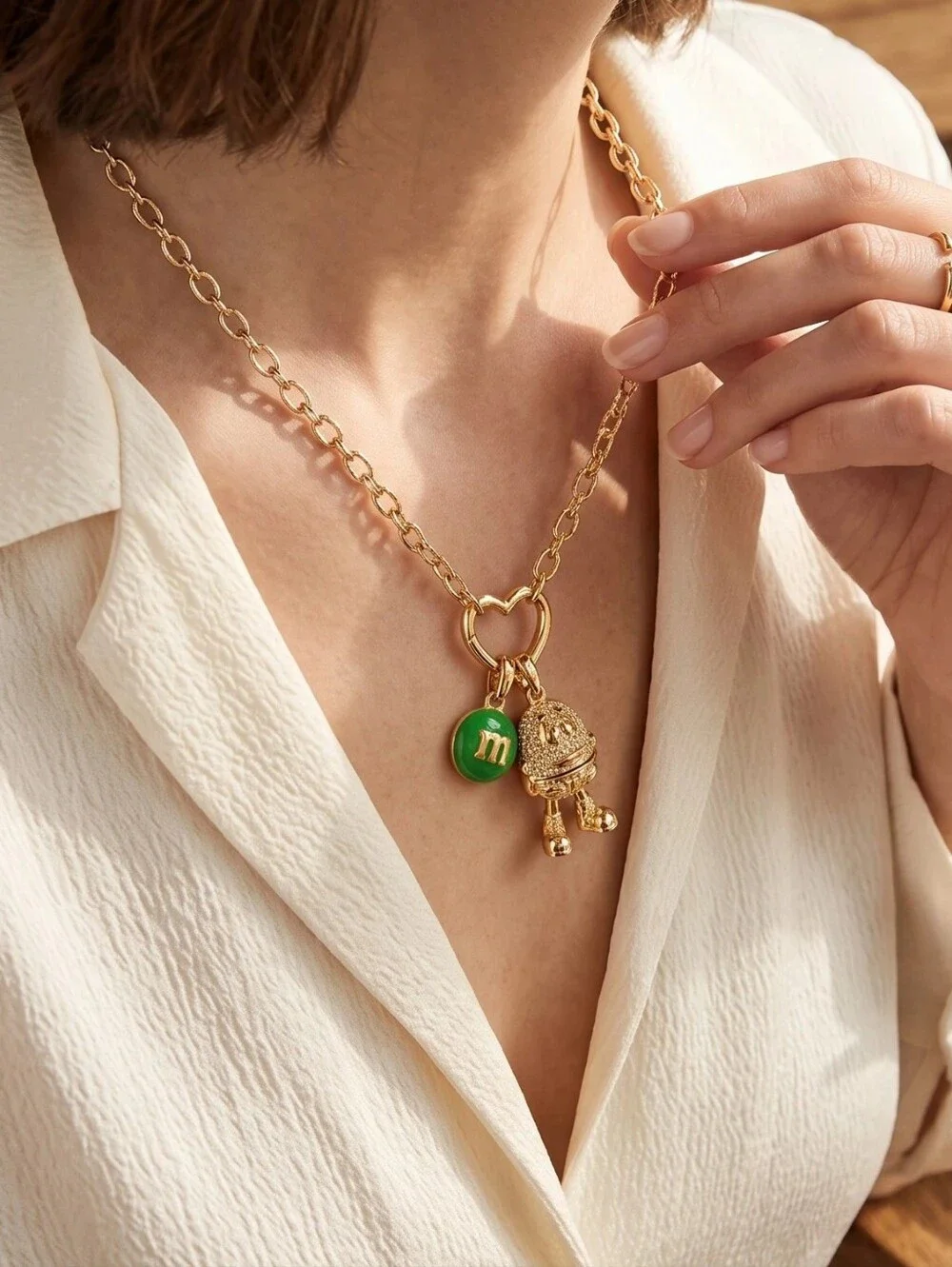 M&M's x Kate Spade New York Green Charm Gold Earrings And Necklace Set